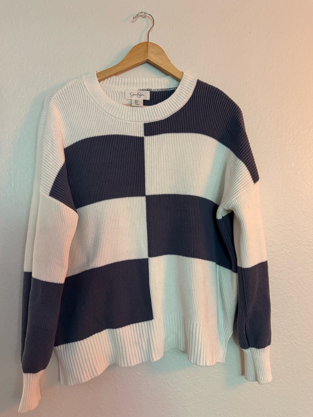 Jessica Simpson Navy and White Checkerboard Crewneck Sweater
